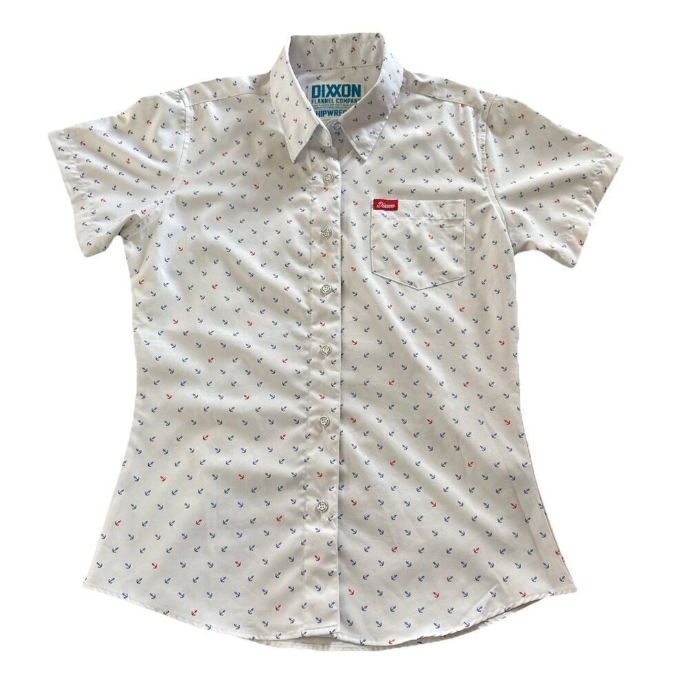 Dixxon Flannel Medium Shipwrecked Shirt Womens White Anchor Coastal Nautical Top - Picture 2 of 7